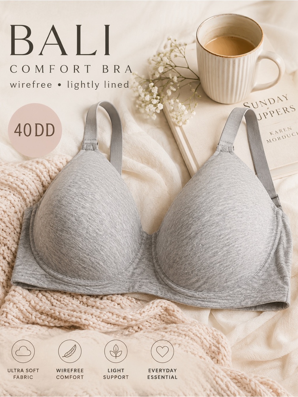 Bali 40DD Wirefree Bra DFN222 Gray Cotton Blend Comfort Lightly Lined